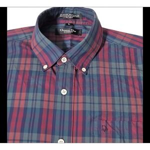 Vintage CHRISTIAN DIOR Monsieur Plaid Button Front Casual Shirt 90s Red Green L